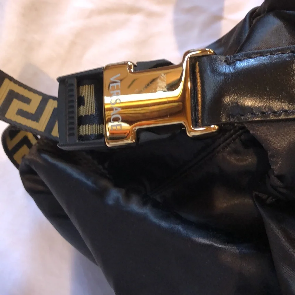 Versace like new black Greca travel bag gold accents nylon magnet close 17x14x7